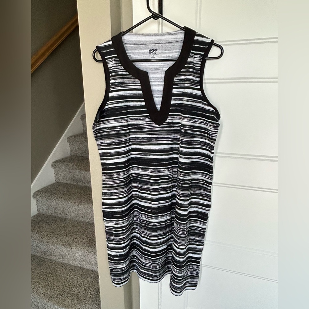 NWT Lands’ End Black and White Striped Sleeveless Tank Dress/Swim Coverup